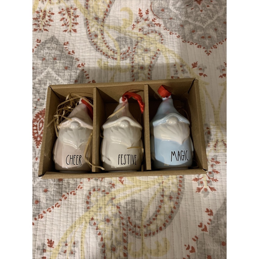 rae dunn gnome christmas ornament set lot of 3 cheer festive magic new with box